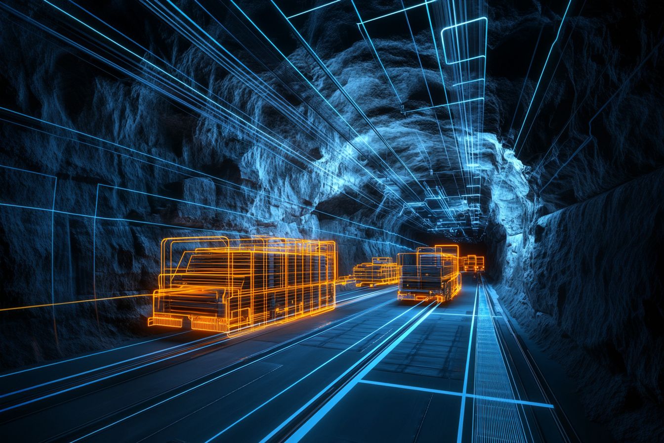 Abstract tunnel with orange wireframe trucks and blue grid lines.
